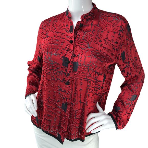 Chicos Design Womens Size 0 US 4 Top Silk Blend Burnout Shirt Button Front Red - Picture 1 of 14